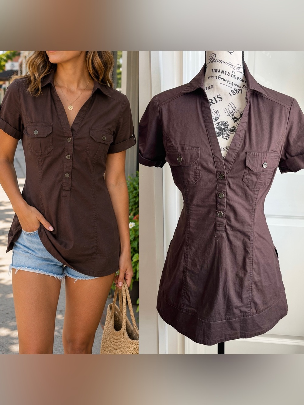 L8ter Y2K Cotton Short Sleeve Utility Safari Tunic Top Brown Sz L